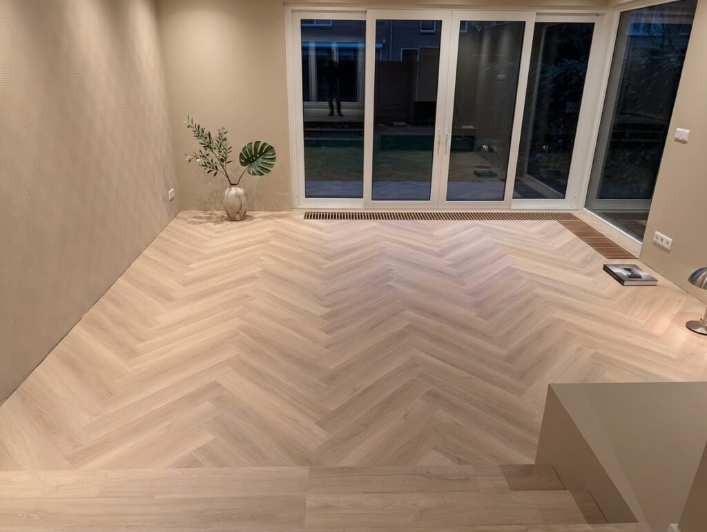 Visgraat PVC vloer leggen en afwerken met plinten in Limburg